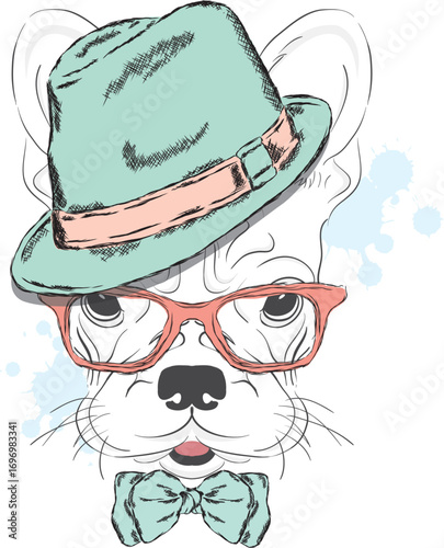 Cute dog in a hat and tie. Vector illustration.