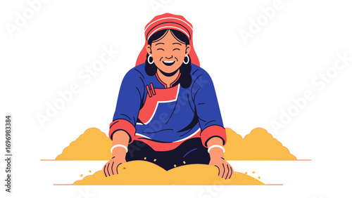 Joyful woman working in a vibrant and lively illustrative style. Her radiant smile is the focal point, with the energy of labor in the visual narrative.