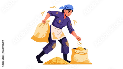 Woman farmer working: A dedicated woman farmer, dressed in a simple work outfit, diligently pours golden grains from a sack into another.
