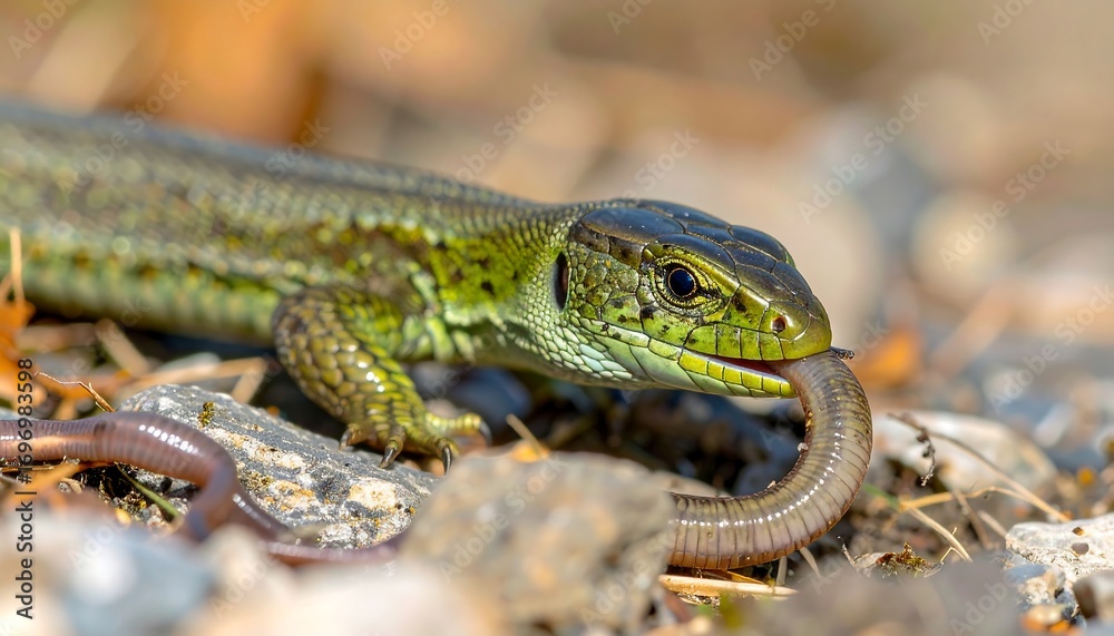 Naklejka premium European green lizard (Lacerta viridis) devouring an earthworm for sustenance