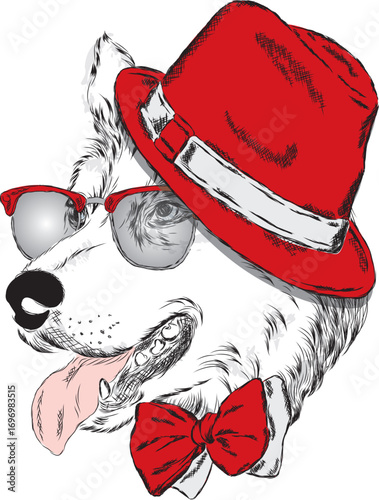 Cute dog in a hat and tie. Vector illustration.