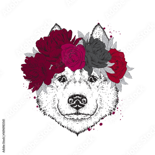 Beautiful Dog in a wreath of flowers. Vector illustration.