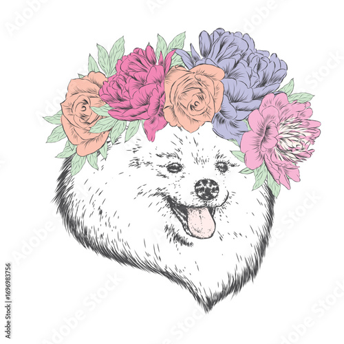 Beautiful Dog in a wreath of flowers. Vector illustration.