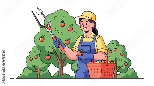 Harvest Harmony: Amidst a vibrant orchard, an orchard worker gracefully gathers the bounty of a flourishing apple harvest. The radiant illustration encapsulates the serene spirit of fruit gathering. 
