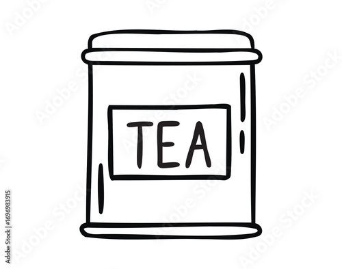 Tea tin canister line art outline, monochrome hand drawn.