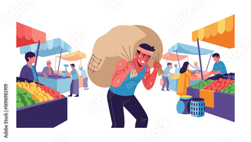 Market Labor: A hardworking individual carries a heavy sack, navigating the bustling atmosphere of a vibrant market setting.
