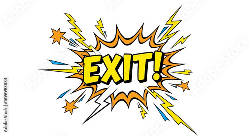 Colorful Comic Book Style "Exit" Sign with Explosions