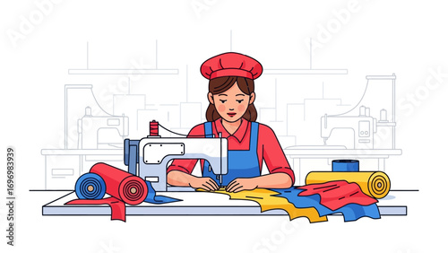 Artisan Crafting Fabrics: A skilled artisan, with focus, is at work on a sewing machine, stitching colorful textiles at work, showcasing their craftsmanship.