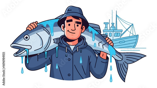 Fisherman's Bounty: A cartoon illustration depicts a fisherman proudly displaying his sizable catch, embodying the spirit of a successful day at sea.
