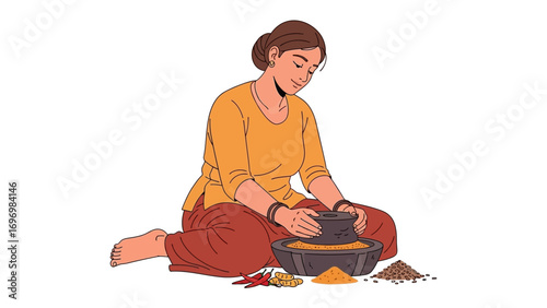 Traditional Spice Grinding: A woman, focused on her craft, expertly grinds spices in a traditional mortar, a timeless act of culinary preparation.