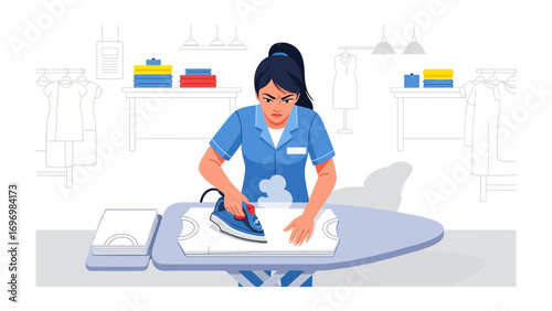 Ironing out the Details: A diligent attendant presses and smooths fabric with professional precision in a clean and organized laundry environment.