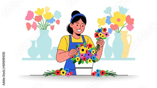 The Floral Artisan: An illustrated florist, radiating joy as she crafts exquisite floral arrangements with colorful flowers and artistic flair, creating vibrant bouquets with an artistic eye.