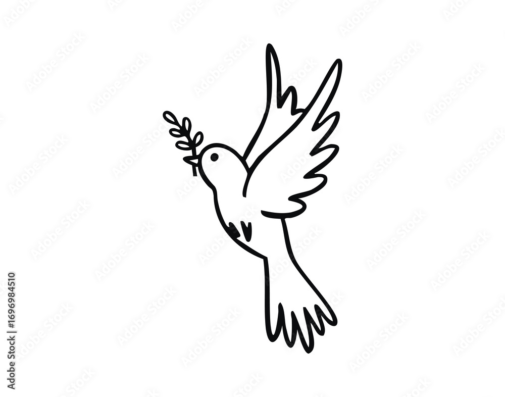 Naklejka premium Flying dove with branch line art outline, monochrome hand drawn.