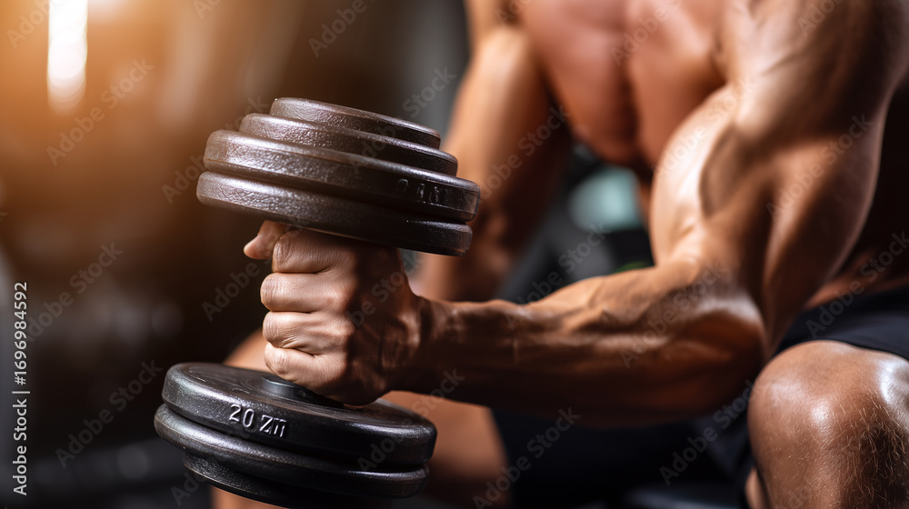 Obraz premium Zdjęcie przedstawia umięśnionego mężczyznę, który podnosi hantel w siłowni. Dłoń i ramię są napięte, co podkreśla wysiłek i siłę.