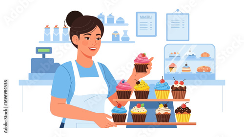 Bakery Delights: A smiling baker arranges an array of vibrant, freshly decorated cupcakes in her bakery, creating a scene of culinary artistry and sweet anticipation.
