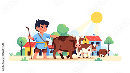 The Shepherd’s Pastoral: A serene illustration captures a shepherd and his herd of cows in a charming rural scene. The shepherd, with his staff, guides his animals through the idyllic countryside.