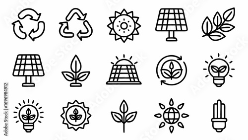 Stunning collection of clean line art icons representing renewable energy, sustainability, and eco-friendly concepts for modern designs.