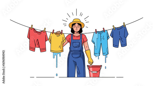 Drying clothes illustration: A smiling person wearing overalls and holding a shirt, hanging washed clothes, creating a sunny, vibrant and domestic scene.