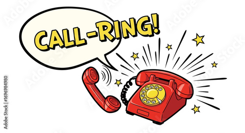 Comic Style Red Telephone with "Call-Ring!" Speech Bubble