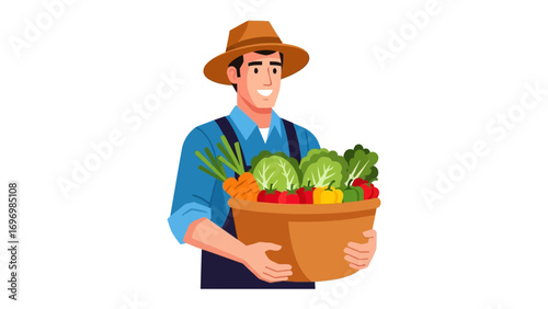 Farmer's bounty: A diligent farmer holds a basket brimming with fresh, colorful vegetables. Captured in a vibrant illustration, conveying the vitality and abundance of the harvest.