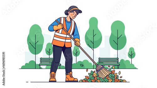Community Cleanup: A dedicated street cleaner diligently sweeps fallen leaves, embodying the spirit of civic duty and environmental care in a bustling city park setting.