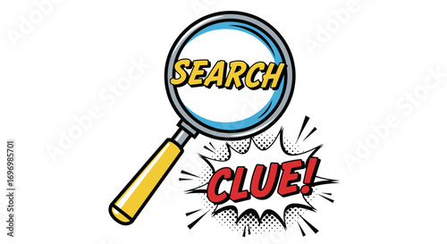 Pop Art Style Magnifying Glass with "Search" and "Clue!"