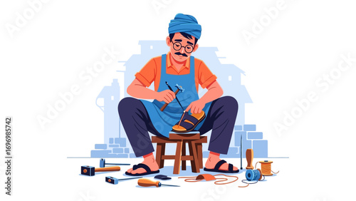 Shoemaker's Craft: A shoemaker meticulously crafts a shoe. He represents skilled artisanship in his work, sitting down and using precise tools to demonstrate the fine craft.