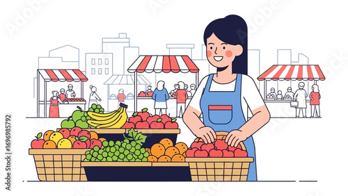 Fresh Market's Bounty: A vibrant illustration portrays a vendor at a bustling farmers market, surrounded by an abundance of fresh fruits. The scene evokes a sense of community, freshness.