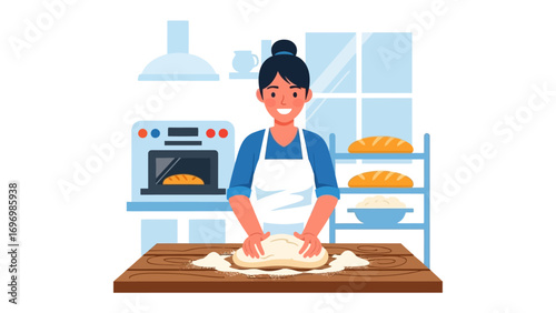 Artisan Baker: Capturing a moment of culinary passion as an artisan baker meticulously kneads dough on a rustic wooden table within a bright and inviting kitchen, bringing the joy of baking to life