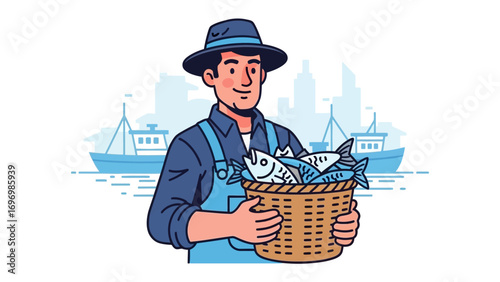 Fisherman with Basket of Fish: A proud fisherman carries a basket laden with freshly caught fish, set against the backdrop of a bustling harbor, offering a glimpse of a coastal lifestyle.