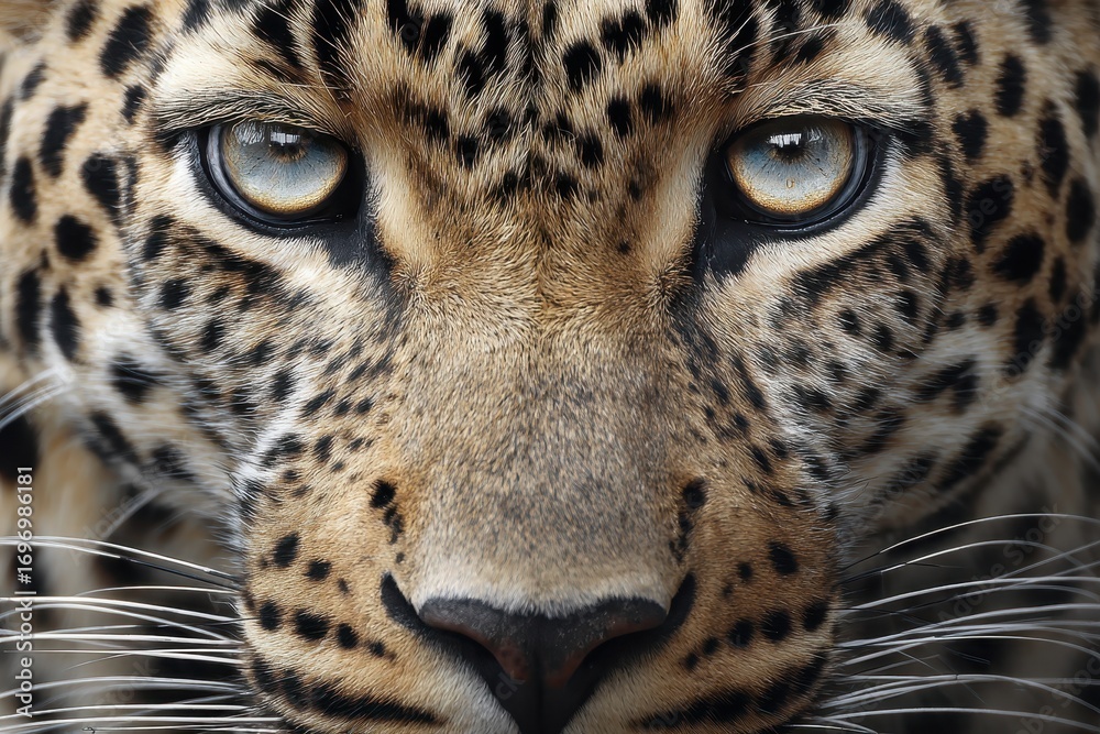 Obraz premium Intense Gaze: Close-Up Portrait of an African Leopard Showcasing its Wild Expression and Striking Eyes