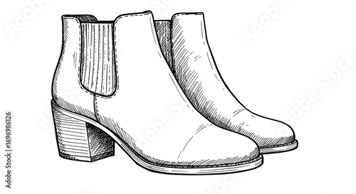 Stylish women's ankle boots with heels in black and white sketch style vector illustration on transparent background