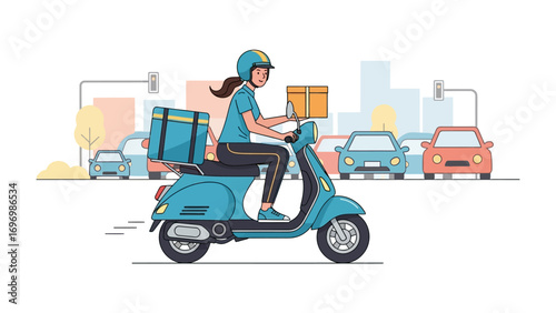 Delivery rider in city: An illustrative image of a delivery rider zipping through a city street on a scooter, box in hand.