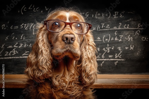 Whimsical Cocker Spaniel in Glasses: A Hilarious Take on Math Lessons at the Blackboard