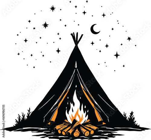 Night Camping Scene Vector – Tent with Glowing Campfire Under Starry Sky and Crescent Moon for Outdoor Themes