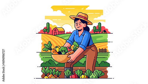 Harvest Bounty: A farmer, bathed in the warm light of day, cradles a basket brimming with freshly picked vegetables, symbolizing the fruitful rewards of labor and the abundance of the harvest season.