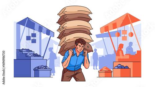 Man Carrying a Heavy Load in the Market: A strong and determined figure carries a heavy load of sacks through a vibrant marketplace, epitomizing the challenges and resilience of hard work.