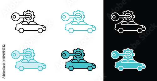 Car key in gear for vehicle repair and auto services icon in line and fill style
