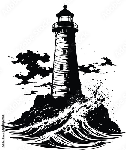 Stormy Lighthouse Vector – Black & White Illustration of Tower on Rocks with Waves and Clouds for Nautical Themes