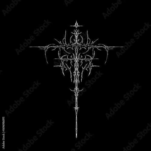 Neo tribal cyber sigilism cross or sword vector design for tattoo, streetwear elements, and gothic art decoration