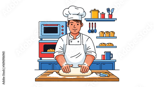 Baking artisan with fresh bread dough: An illustration of a focused baker expertly kneading fresh dough on a wooden table, embodying the warmth of the kitchen, and craft of artisanal baking.