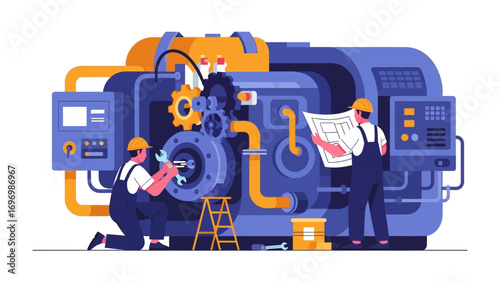 Mechanical Harmony: Precision and collaboration converge as two mechanics work in unison to maintain intricate machinery, embodying technical skill, expertise, and the essence of industry