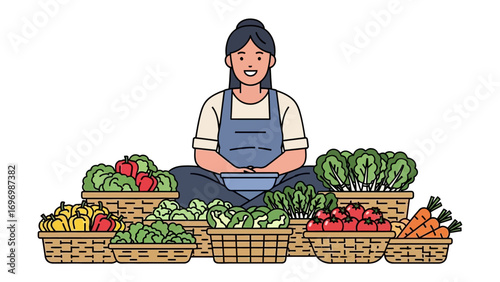 The Farmer's Harvest Display: A smiling farmer surrounded by baskets overflowing with vibrant, freshly picked produce, celebrating the beauty of the harvest.