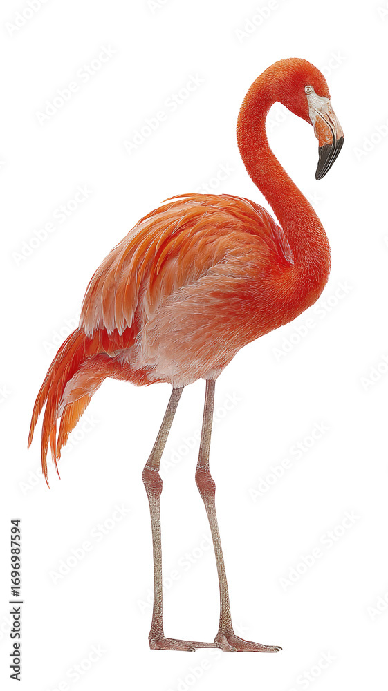 Obraz premium Side view of a vibrant pink flamingo. Detailed plumage, long neck, and long legs are clearly visible. Image is pixelated