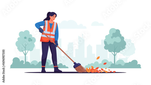 City's Guardian of Cleanliness: In this vibrant illustration, a diligent city worker uses broom to sweep away leaves, showcasing dedication to urban upkeep and environmental care. 