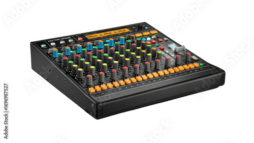 Audio mixing console with numerous knobs and faders