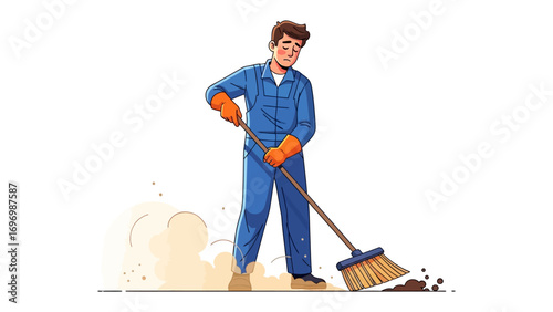 Man Cleaning Illustration: A dedicated man, adorned in work attire, efficiently uses a broom to clear the space, symbolizing cleanliness, hygiene, and diligent work.