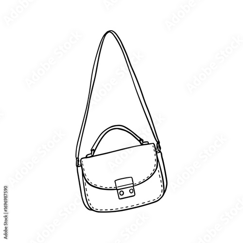 Hand-drawn leather handbag with shoulder strap in minimalist design black and white sketch style vector illustration on transparent background