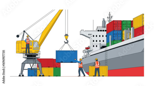 Loading cargo: Illustrates the efficiency of a cargo ship being loaded with containers. Showing crane and people working hard