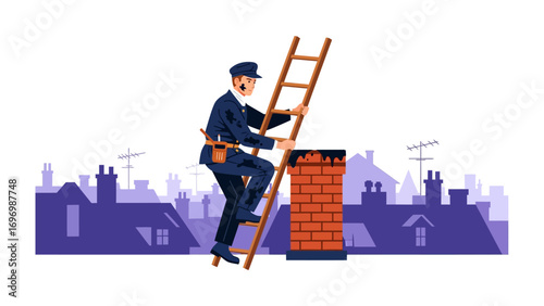 Chimney Sweep at Work: A chimney sweep is ascending a wooden ladder to the top of a brick chimney to perform his service in a retro-style illustration, showcasing the traditional craft.